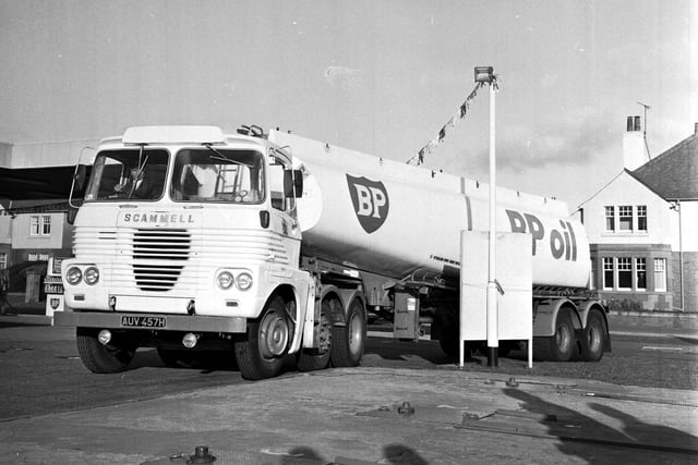 The first North Sea oil from Scotland's Forties field arrives by tanker at a filling station in Grangemouth in November 1975.