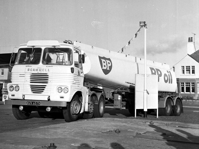 The first North Sea oil from Scotland's Forties field arrives by tanker at a filling station in Grangemouth in November 1975.