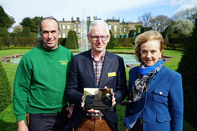 Vernon Sanderson, chairman of the Midlands region of the National Garden Scheme, with Renishaw Hall owner Alexandra Sitwell and head gardener David Kesteven, left.
