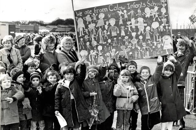 Children from Calow infants wait to greet the Queen on her visit to Derbyshire in 1985.