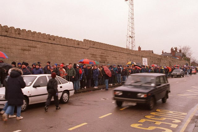 Eager Chesterfield FC fans wait for tickets at Saltergate in 1997 during the club's incredible FA Cup run when they went all the way to the semi final (and got robbed!!)