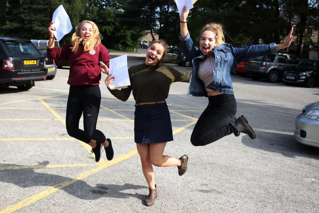 Jumpin for joy at their results Iona Bewick, Emily Field and Molly Diggle.
