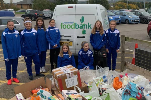 Junior members of Chesterfield FC Women with some of the things they have donated to Chesterfield Foodbank. Pictures submitted.