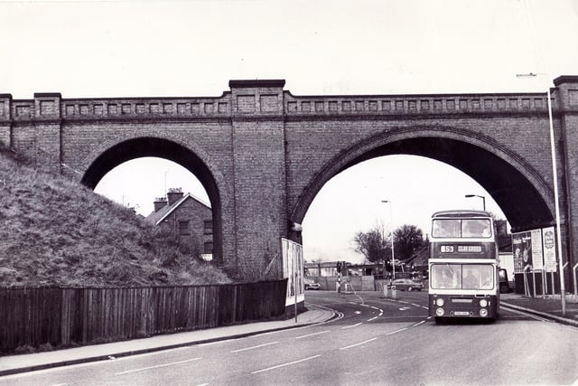 One of Chesterfield's lost landmarks, the viaduct over Derby Road at Horns Bridge.  The other remaining part of this bridge running alongside Mansfield Road was already being demolished in 1974