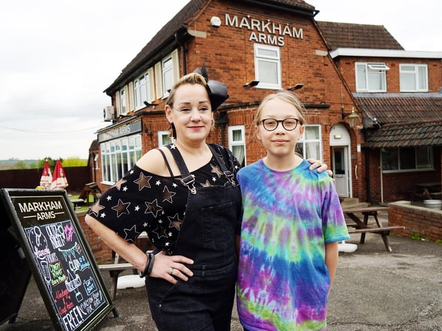 Rebecca and her son George outside the Markham Arms.