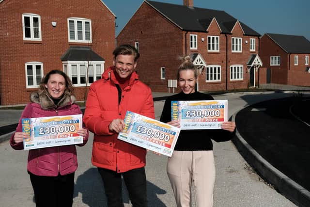 Winners Sarah Godney and Georgia Hooley pictured with People’s Postcode Lottery ambassador Jeff Brazier