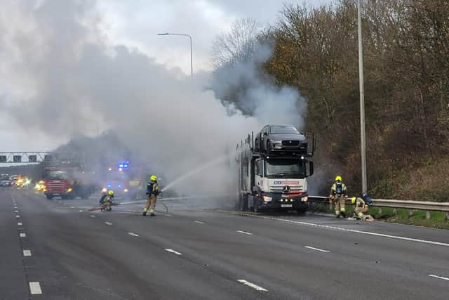 Traffic is diverted as both carriageways are closed on M1 with fire services attending the scene.