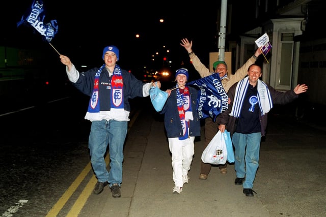 Jubilant fans arrive back in Chesterfield after the 3-3 draw.