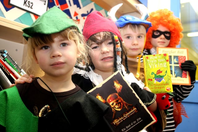 Isobel Thistlethwaite, Oliver Dawe, James Grieve and Katy Phipps embrace Book Week at Wigley Primary School.