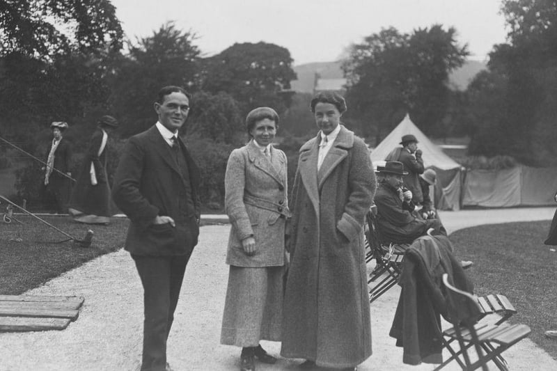 From left to right, Mr DR Larcombe, Miss Longhurst and tennis player Ethel Thomson Larcombe (1879 - 1965) at the Buxton Lawn Tennis Tournament on 17th August 1912.
