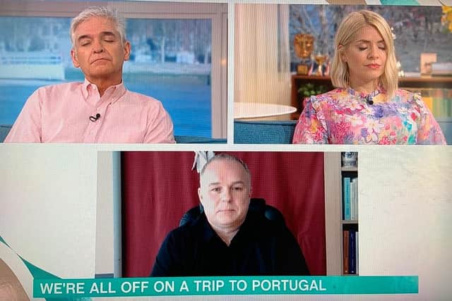 This Morning hosts Phillip Schofield, top left, and Holly Willoughby close their eyes as Martin Rothery take them on a virtual trip to Portugal.