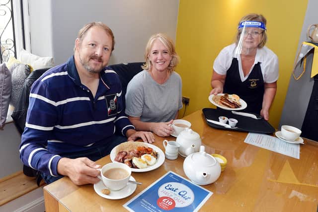 MP Toby Perkins visits Stephenson's Café to promote the Eat Out to Help Out campaign. Also pictured are Amanda Collumbine and Café owner Claire Wood.