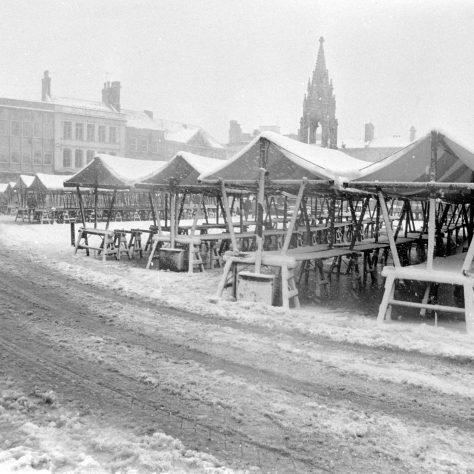 Mansfield marketplace deserted as the weather forced stall holders to stay at home.