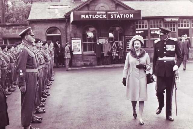 The Queen accompanied by the Lord Lieutenant, Sir Ian Walker-Okeover, as they walk past a small contingent of the Leicestershire and Derbyshire (PAO) Yeomanry in Matlock in 1968