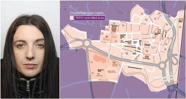The order prohibits Sophie Pirie, of Station Lane, Old Whittington, from entering Chesterfield town centre, unless she has a pre-arranged appointment. The map pictured highlights the area which she is banned from entering.