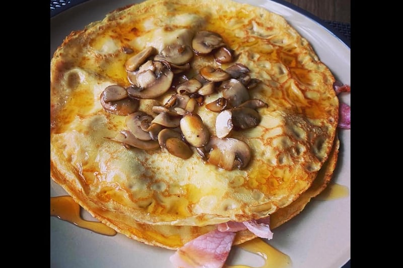 Two pancakes, bacon in the middle, mushrooms on top, syrup all over. That's how you do savoury!