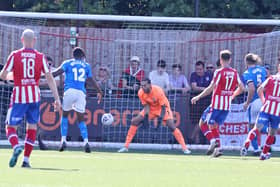 Ollie Banks has to play in goal for Chesterfield against Dorking on the first day of last season. Picture: Tina Jenner.