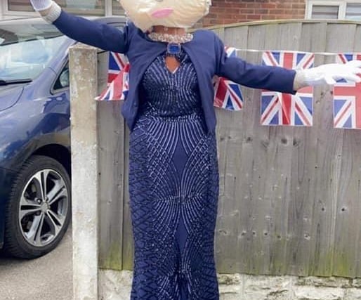The Queen has arrived on Allpits Road! Deborah Ann Griffiths created this impressive scarecrow.