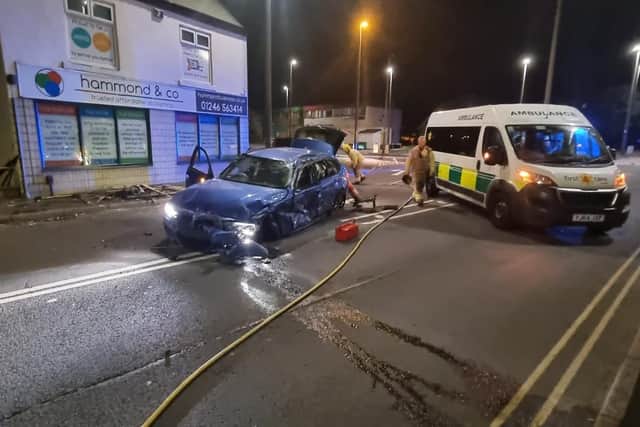 Damage to the BMW after the crash in Staveley on Saturday night. Image: Derbyshire RPU.