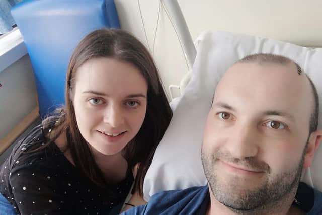 Matt Toole with his girlfriend Sara in hospital following his brain tumour diagnosis.