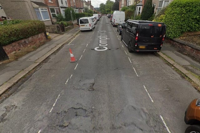 Three different issues have been reported at Compton Street in Chesterfield in 2023 .  The first pothole has an approximate size of 50 cm and the depth of 8cm, the second one has a size of 50 cm as well and the depth of 15 cm. The third pothole named as 'Deep and hazardous' that could be a  'severe risk to cyclists' is 20 cm deep.