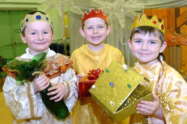 The three kings bringing gifts at the St Aidan's Primary School Nativity.