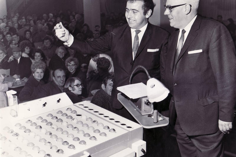 Chesterfield had the first purpose-built bingo hall in the country, which was officially opened in 1968. Caller Patrick Braden and manager Peter Clancey (right) are in the photo.