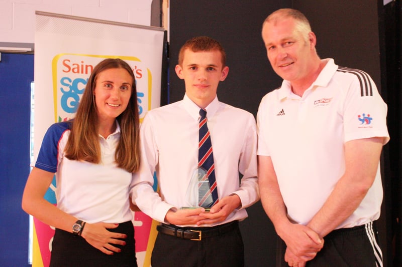 Dermot Gascoyne and Lisa Dobriskey were the special guests at this Erewash School Sport Partnership awards. They are pictured with student Alex King.