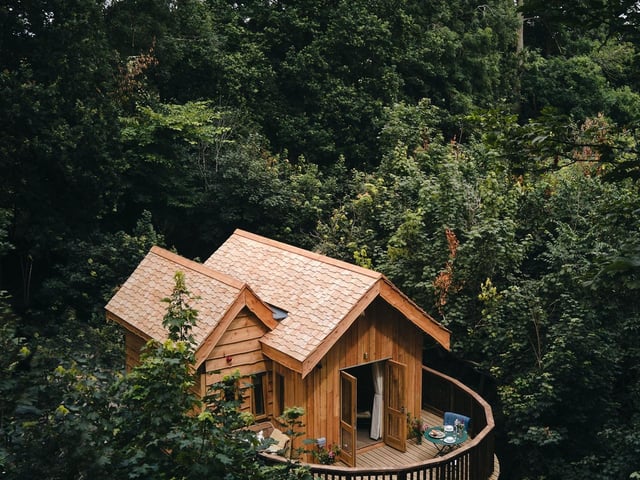 You can stay ‘in the house’ or ‘in the wild’ at Callow Hall and if it’s a bit of wilderness that you crave, the self-catering treehouses are your best bet.
Commanding enchanting views over ancient woodlands, the treehouses are camouflaged in wilderness and sleep up to five comfortably. Comfortably meaning five-star luxury with two ensuite bedrooms, a full kitchen, a wrap-around deck, and an outdoor bathtub.
Rates start from approx. £250 per night off-peak and advance booking is highly recommended.
Callow Hall, Mappleton, Ashbourne. Telephone: 01335 300900