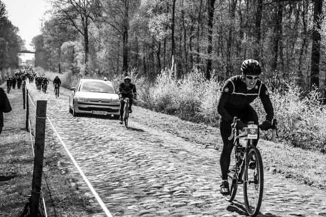 Mark Sherriff competing in the Paris Roubaix Sportive cycling challenge in France
