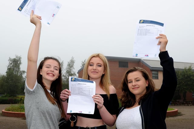 Tupton Hall School students celebrate their GCSE results. (l-r) Paige Kerry achieved an A*, 4 A's and 4 B's, Kate Walters achieved 4 B's and 2 C's and Amy Wilcockson achieved an A*, 2 A's 5 B's and a C. Picture: Andrew Roe