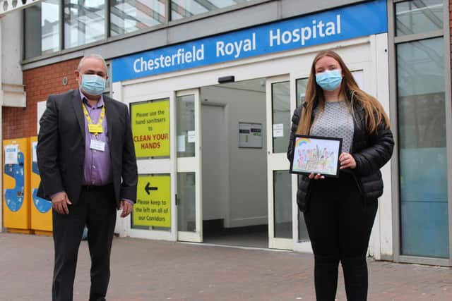 Ken Godber, Chesterfield Royal Hospital NHS Foundation Trust's charity director, and Nicole with one of her pictures.
