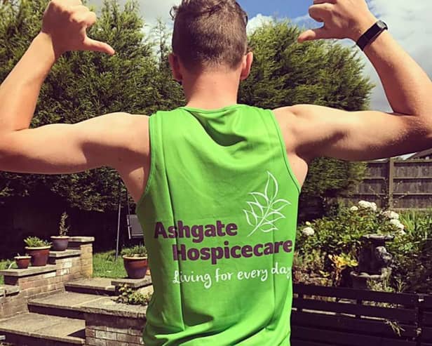 Joe wearing his vest in support for the Ashgate Hospice.