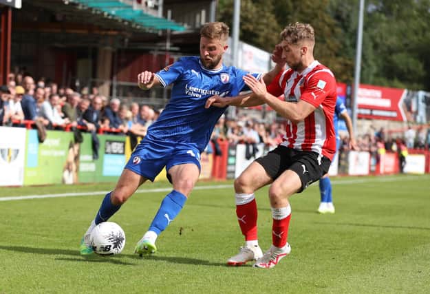 Michael Jacobs in action against Altrincham. Picture: Tina Jenner.
