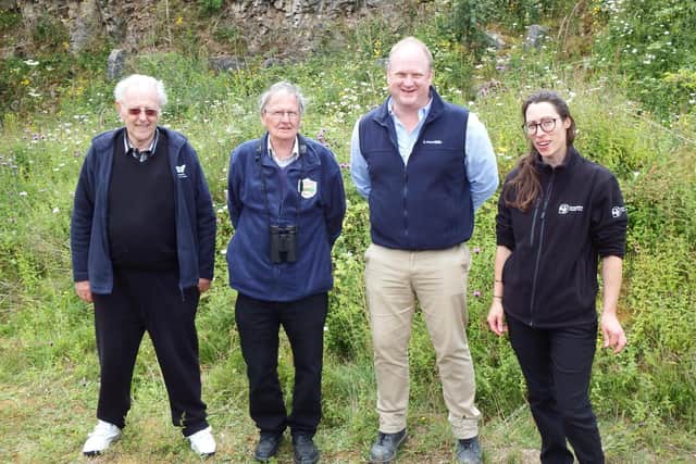 Helping out at another successful open day at Hoe Grange Quarry: from left, Derbyshire butterfly recorder Ken Orpe, reserve warden Ray 'Badger' Walker, Longcliffe Quarries managing director Paul Boustead, and Kate Blair, White Peak living landscapes officer for Derbyshire Wildlife Trust.