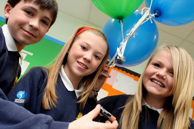 Year 7 pupils at Tupton Hall School made airships as part of science projects in 2009, l-r: Joe White, Lois Salway and Megan Hughes
