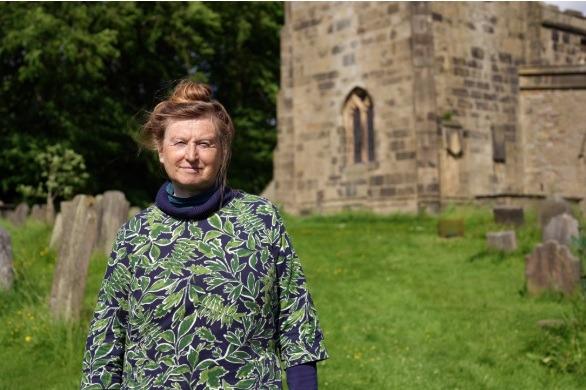 Ruth in the grounds of Eyam Church where William Mompesson was a young vicar when the plague outbreak devastated his village in the 17th century (photo: 5 Broadcasting Limited/Voltage TV)