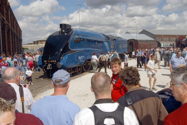 Alan Pegler with the Mallard on display at Doncaster Works open day in 2003