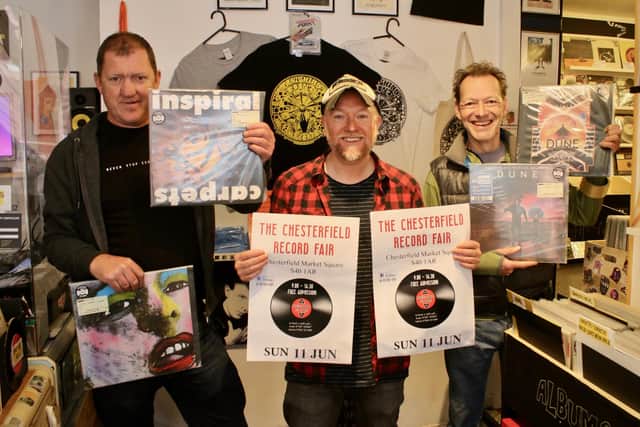 Andy and Adrian of AA Record Fairs with Corey (centre) of Vanishing Point Records of Chesterfield