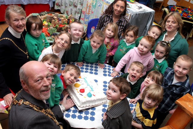 William Rhodes nursery School celebrate their 25th anniversary with the Mayor and Mayoress of Chesterfield Adrian and Inder Kitch in 2010