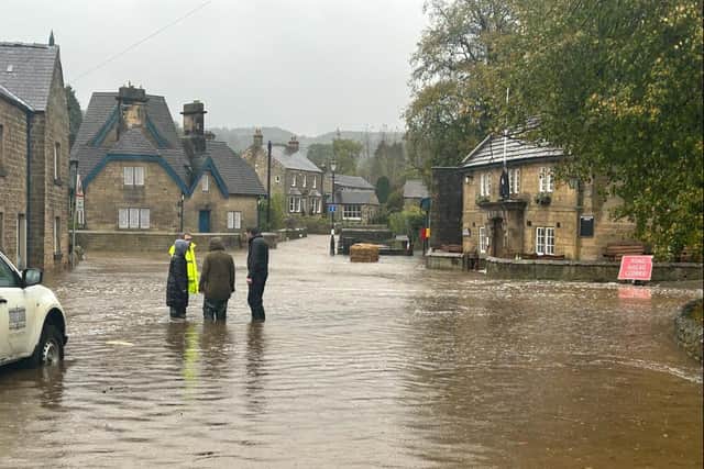 The centre of Beeley was left underwater by the deluge of Storm Babet. (Photo: Ben Hanbury)