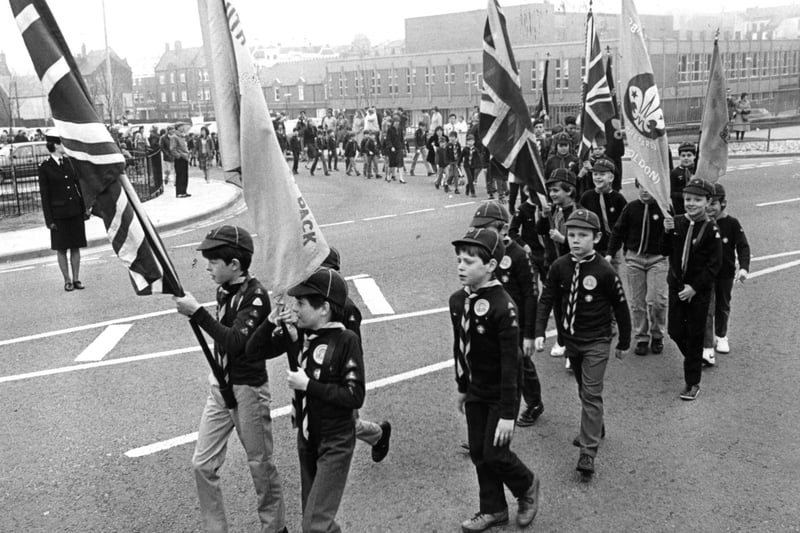 South Shields Cub Scouts marching to St Paul and St John's United Reformed Church for a St George's Day service in 1988. Do you recognise any of the people on the parade?