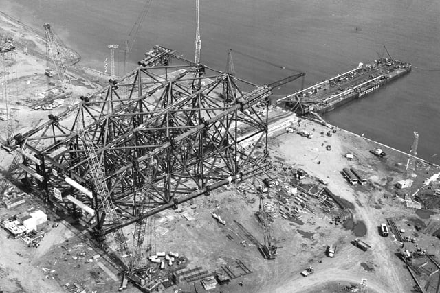 Aerial of an oil platform jacket being built for the North Sea oilfields at Methil in Fife in June 1974.