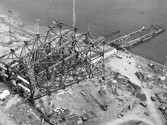 Aerial of an oil platform jacket being built for the North Sea oilfields at Methil in Fife in June 1974.