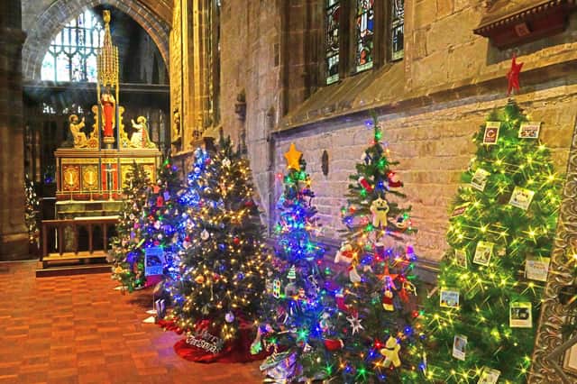 The trees are decorated by local people, groups and shops, from scout to guide groups, from schools to high street stores, from accountants to Chesterfield Museum and many more besides.