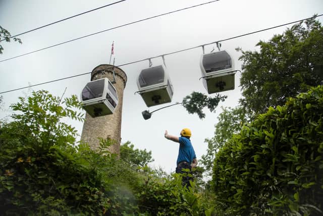 Hanging from beneath a cable car, a young oak tree is hauled up to The Heights of Abraham. Image: Rod Kirkpatrick/F Stop Press.
