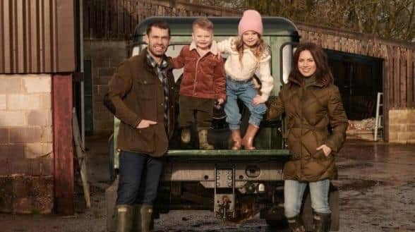 Kelvin Fletcher with his wife Liz and children Marnie and Milo at their farm on the edge of the Peak District National Park (photo: BBC One).