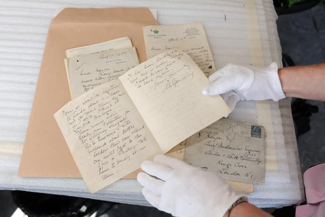 Manager of Doncaster Museum and Art Gallery, Carolyn Dalton with rare letters from Sir Nigel Gresley, designer of The Mallard,