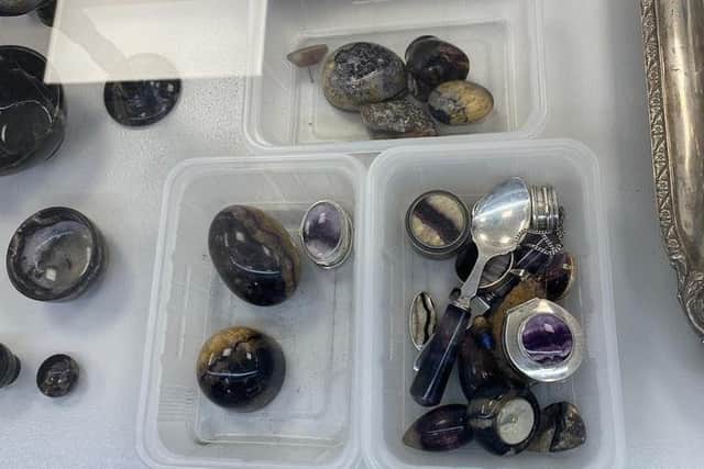 Pieces from over £20,000 of stolen Blue John which Jane Richards traced and had returned to a dealer after the February break-in.