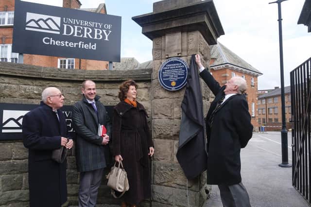 Frank Gorman, Professor Keith McLay, Dr Maureen Strelley and Philip Riden unveiling the Blue Plaque at the University of Derby Chesterfield campus on Sheffield Road (Picture: Richard Richards Photography)